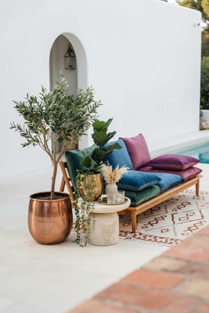 Metallic Planters + Plush Weather-Resistant Cushions