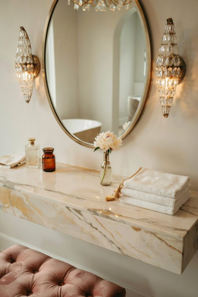 glam bathroom vanity with crystal sconces and luxe towels