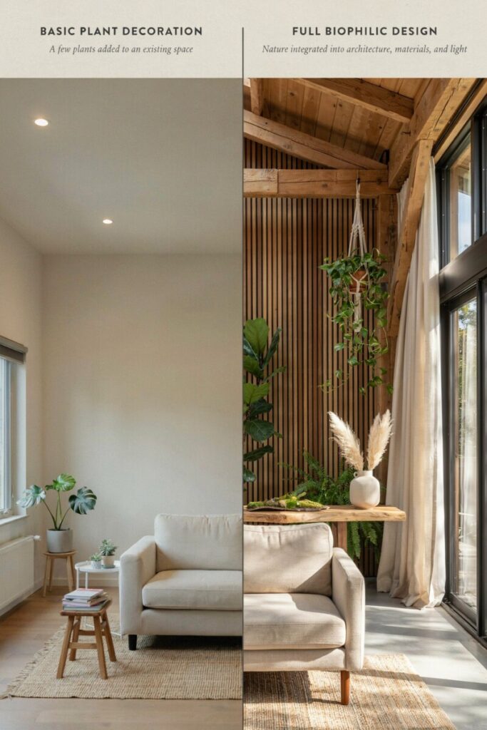 Comparison of basic plant decoration and full biophilic interior design with natural materials and daylight.