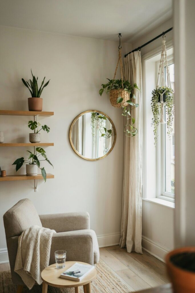 Small apartment biophilic design with hanging planters, plant shelves, and a mirror reflecting natural light.